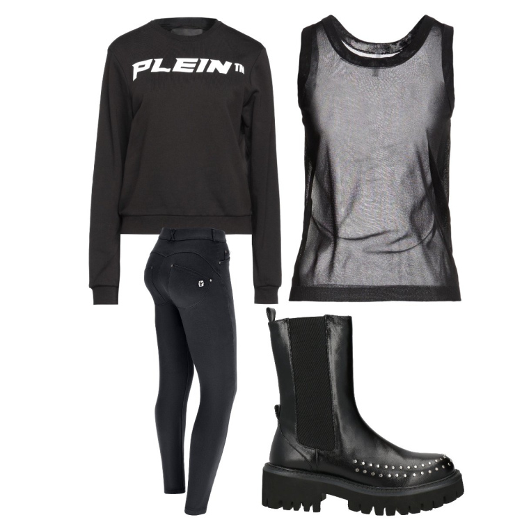 Outfit donna - Sporty rock black. Stile Rock per Tutti i giorni. Abbinamento con stivaletti chelsea, top, felpe, pantaloni skinny.