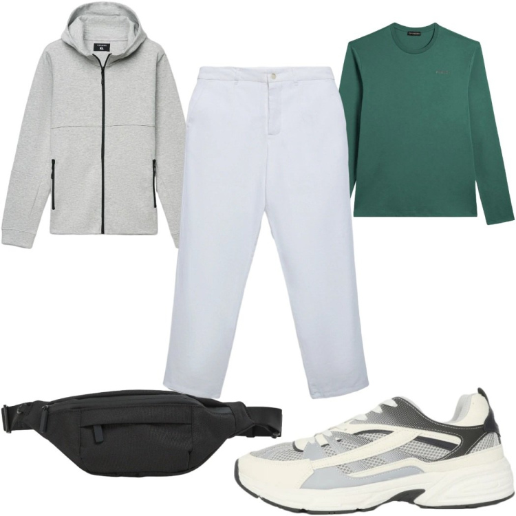 Outfit uomo - Total look #2385555. Stile Trendy per Tutti i giorni. Abbinamento con felpe con cappuccio, sneakers, pantaloni chino, borse sportive, t-shirt.
