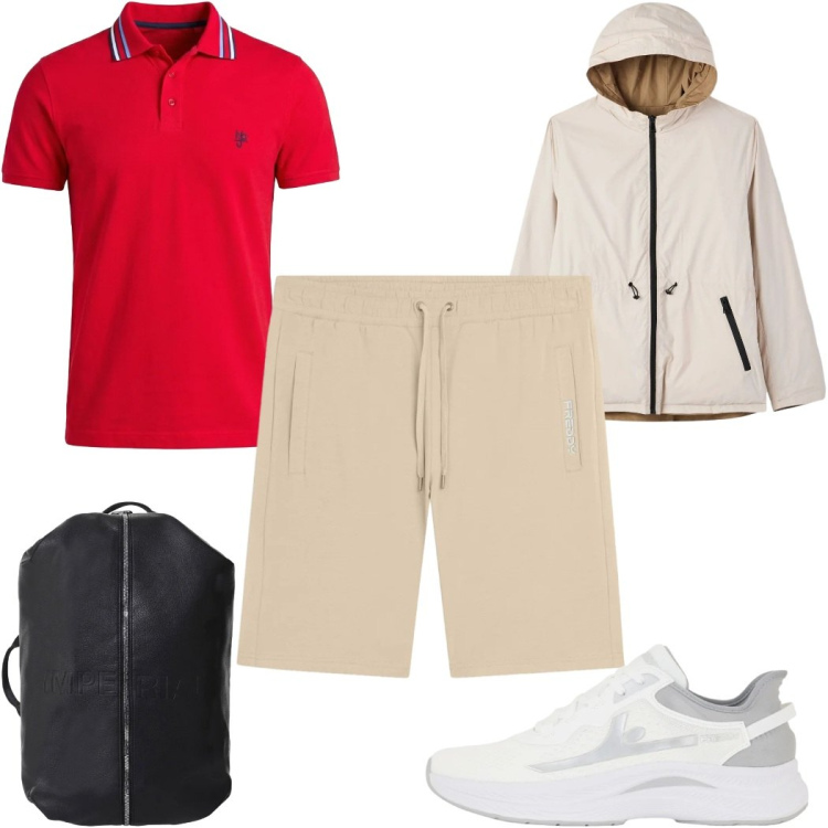 Outfit uomo - Total look #2385556. Stile Trendy per Sport. Abbinamento con giacche, borse sportive, polo, sneakers, pantaloni corti.