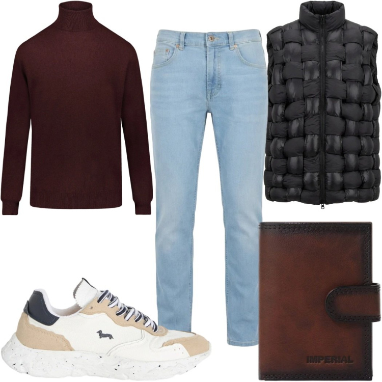Outfit uomo - Total look #2385558. Stile Casual per Tutti i giorni. Abbinamento con portafogli, sneakers, jeans, gilet, maglieria.