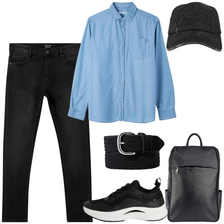 Outfit uomo - Weekend rilassato. Stile Casual per Tutti i giorni. Abbinamento con jeans skinny, cappelli con visiera, camicie, sneakers, borse sportive, cinture.