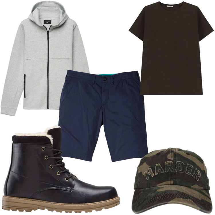 Outfit uomo - Total look #2385560. Stile Trendy per Tutti i giorni. Abbinamento con bermuda, stivali e stivaletti, felpe con cappuccio, cappelli con visiera, t-shirt.