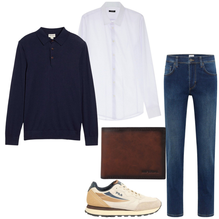 Outfit uomo - Total look #2385568. Stile Casual per Ufficio. Abbinamento con jeans dritti, maglieria, sneakers, camicie, portafogli.