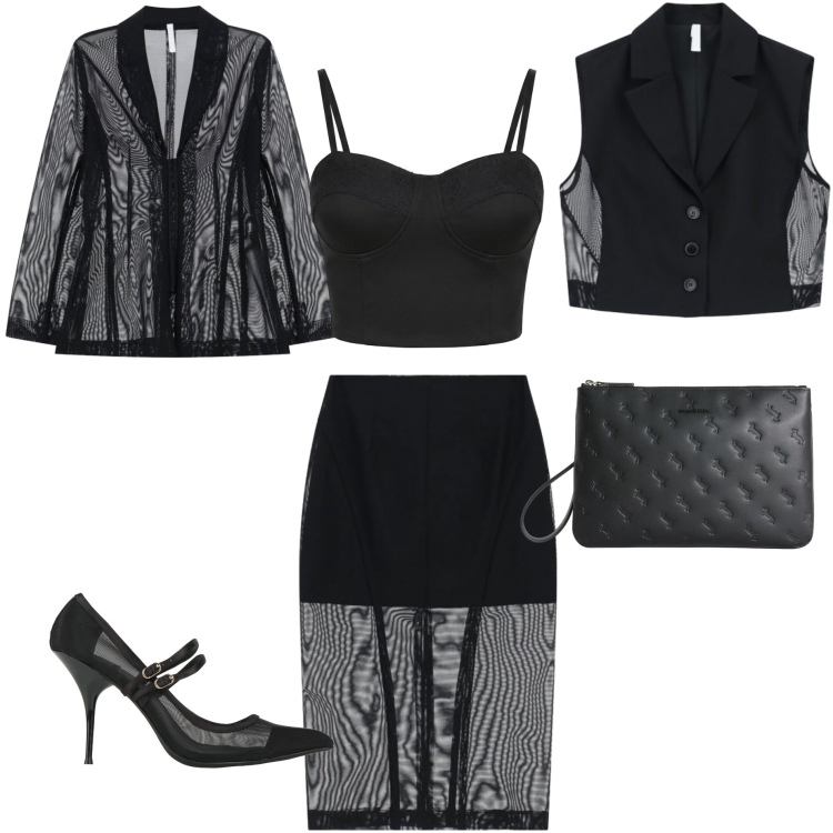 Outfit donna - Trasparenze che parlano. Stile Glamour per Tutti i giorni. Abbinamento con décolleté, anelli, gonne longuette, gilet, blazer, top.