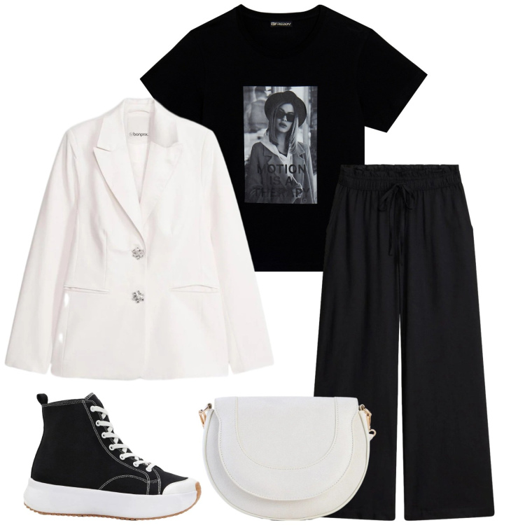 Outfit donna - Total look #2385577. Stile Urban per Tutti i giorni. Abbinamento con blazer, sneakers, borse a tracolla, pantaloni a palazzo, t-shirt.