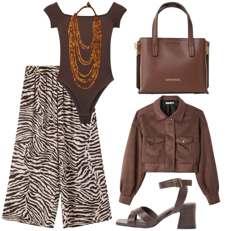 Outfit donna - Total look #2385578. Stile Etnico per Tutti i giorni. Abbinamento con sandali col tacco, top, pantaloni, bomber, collane, borse a tracolla.