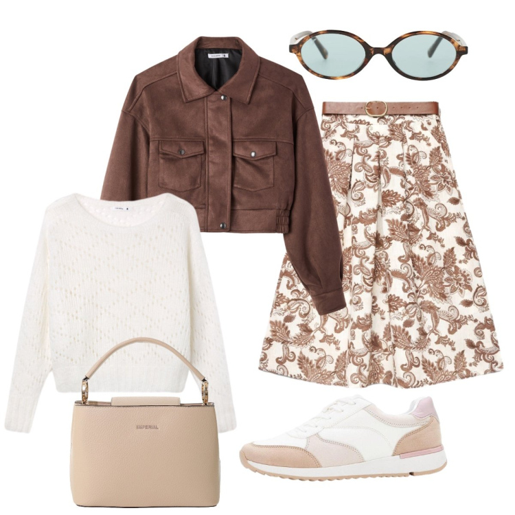 Outfit donna - Primavera sporty-chic. Stile Casual chic per Tutti i giorni. Abbinamento con sneakers, bomber, gonne lunghe, maglieria, occhiali da sole, borse a secchiello.