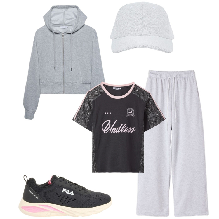Outfit donna - Total look #2385583. Stile Sporty chic per Tutti i giorni. Abbinamento con sneakers, pantaloni, cappelli con visiera, felpe con cappuccio, t-shirt.