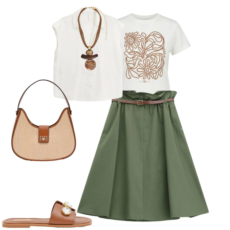 Outfit donna - Aprile. Stile Casual chic per Tutti i giorni. Abbinamento con camicie, sandali gioiello, t-shirt, borse a spalla, ciondoli, gonne longuette.