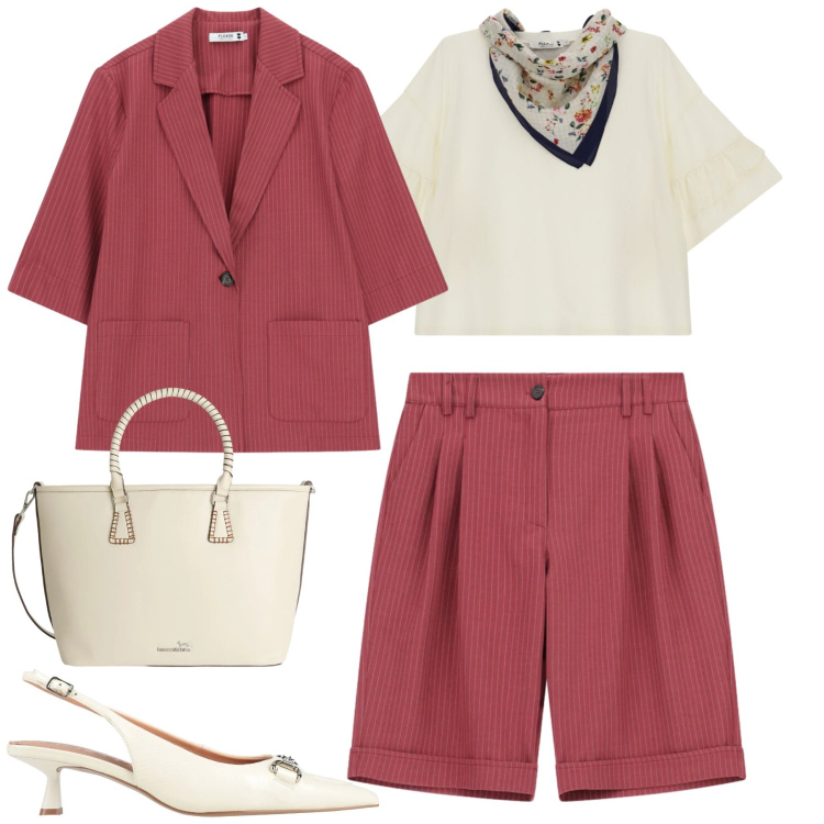 Outfit donna - City. Stile Urban per Tutti i giorni. Abbinamento con décolleté, bermuda, top, blazer, shopping bag.