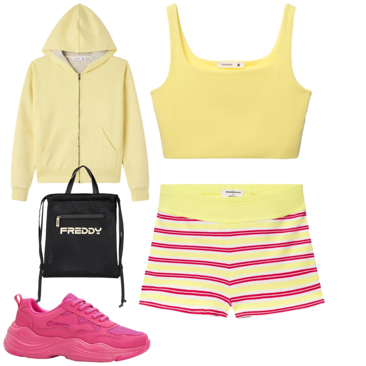 Outfit donna - Sportiva. Stile Casual per Sport. Abbinamento con sneakers, canottiere, shorts, felpe con cappuccio, zaini.