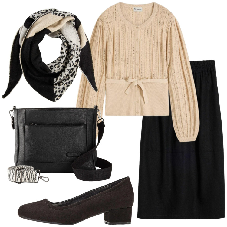 Outfit donna - Total look #2385590. Stile Bon Ton per Ufficio. Abbinamento con maglieria, décolleté, borse a tracolla, foulard, gonne longuette.