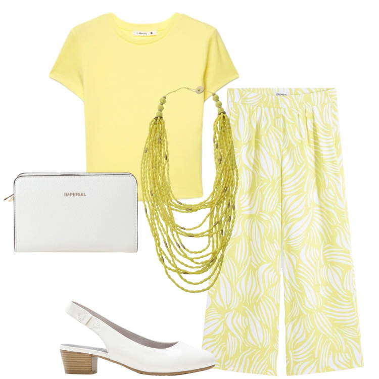 Outfit donna - Total look #2385591. Stile Casual chic per Tutti i giorni. Abbinamento con pantaloni a palazzo, décolleté, t-shirt, collane, borse a tracolla.