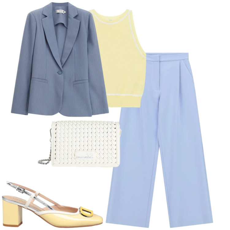 Outfit donna - Aprile. Stile Urban per Tutti i giorni. Abbinamento con décolleté, pantaloni, top, blazer, borse a tracolla.