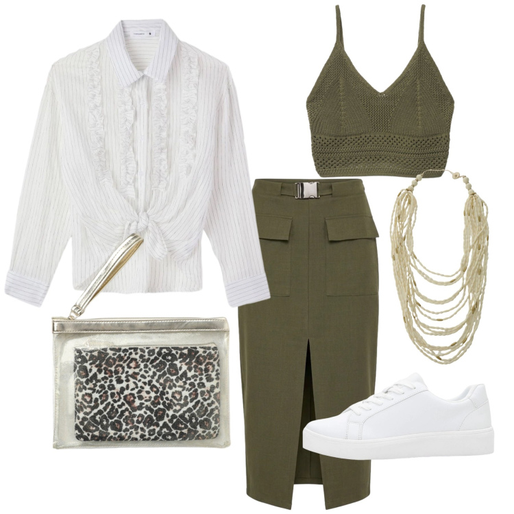 Outfit donna - Aprile. Stile Trendy per Tutti i giorni. Abbinamento con sneakers, camicie, canottiere, pochette, gonne longuette, collane.