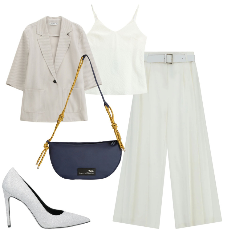 Outfit donna - Total look #2385606. Stile Urban per Tutti i giorni. Abbinamento con décolleté, canottiere, pantaloni a palazzo, borse a tracolla, blazer.