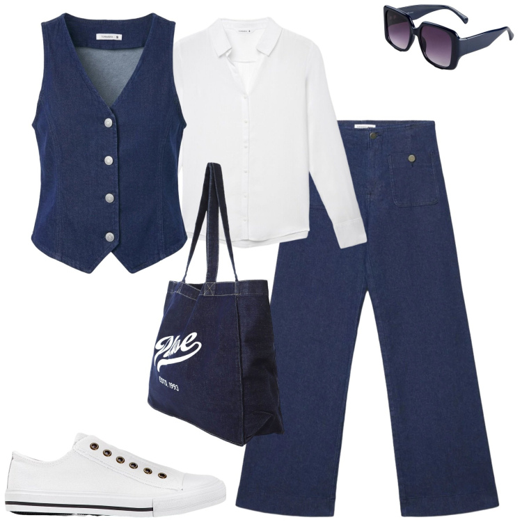 Outfit donna - Total look #2385607. Stile Casual chic per Tutti i giorni. Abbinamento con sneakers, occhiali da sole, camicie, jeans, gilet, shopping bag.