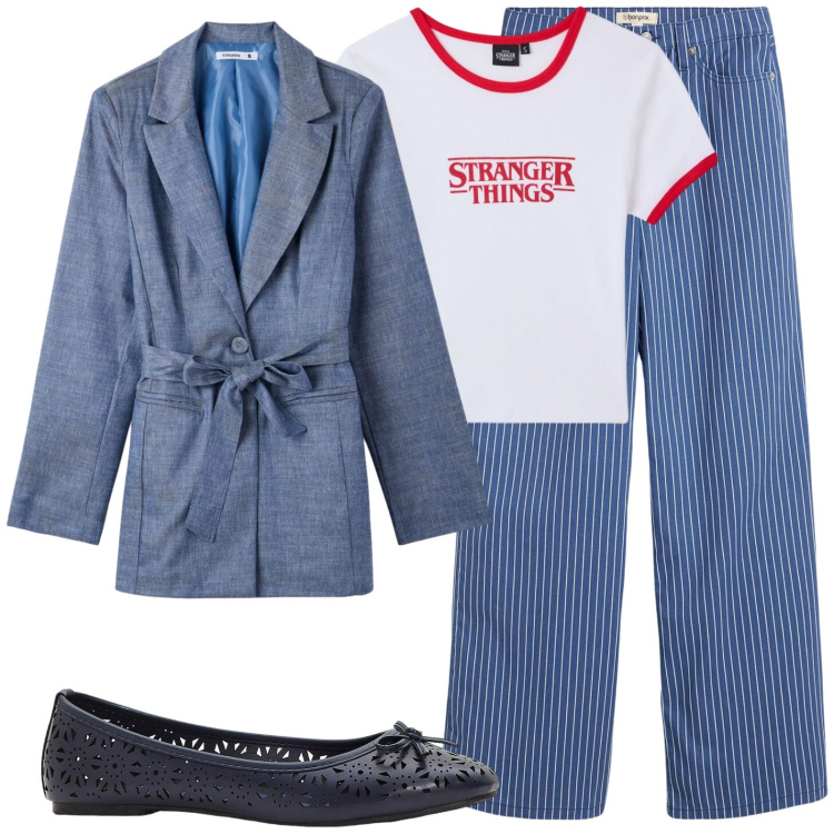 Outfit donna - Stranger things. Stile Casual chic per Scuola/Università. Abbinamento con pantaloni, ballerine, t-shirt, blazer.
