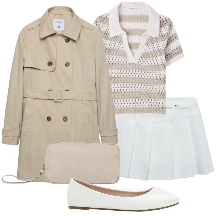Outfit donna - Gonnellina a pieghe. Stile Bon Ton per Scuola/Università. Abbinamento con ballerine, minigonne, t-shirt, trench, valigie.