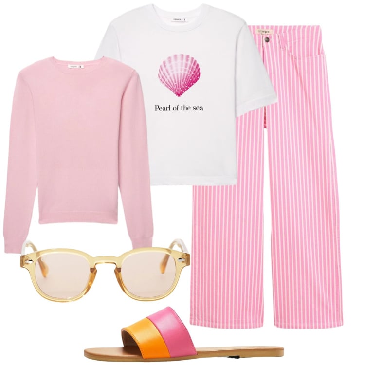 Outfit donna - Passeggiata al lago. Stile Casual chic per Mare. Abbinamento con ciabatte, pantaloni, maglieria, t-shirt, occhiali da sole.
