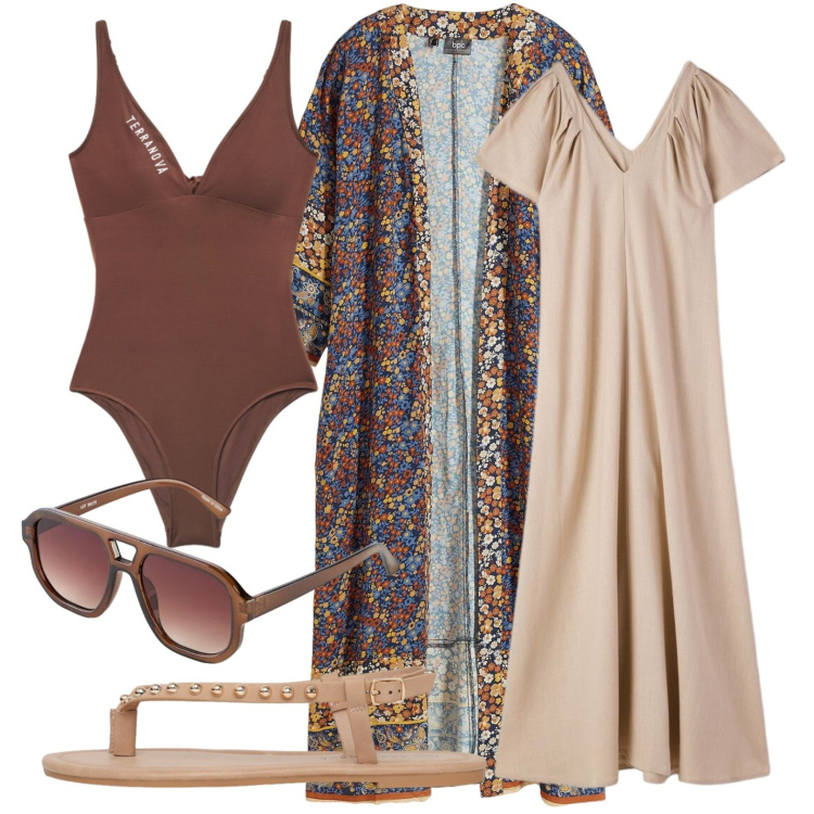 Outfit donna - Bordo piscina. Stile Casual chic per Mare. Abbinamento con pantaloni, occhiali da sole, costumi interi, vestiti lunghi, ciabatte.