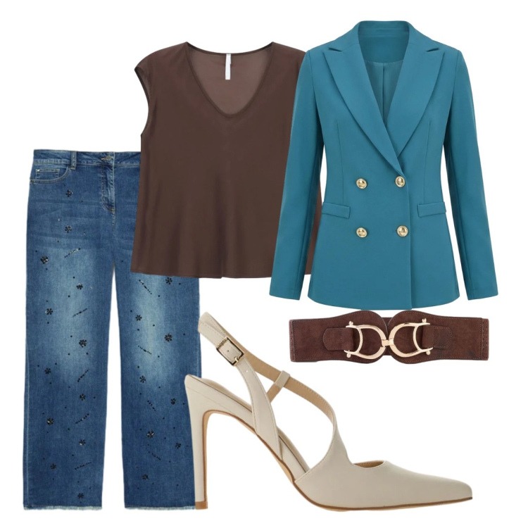 Outfit donna - Primavera. Stile Bon Ton per Serata fuori. Abbinamento con cinture, décolleté, top, blazer, jeans dritti.
