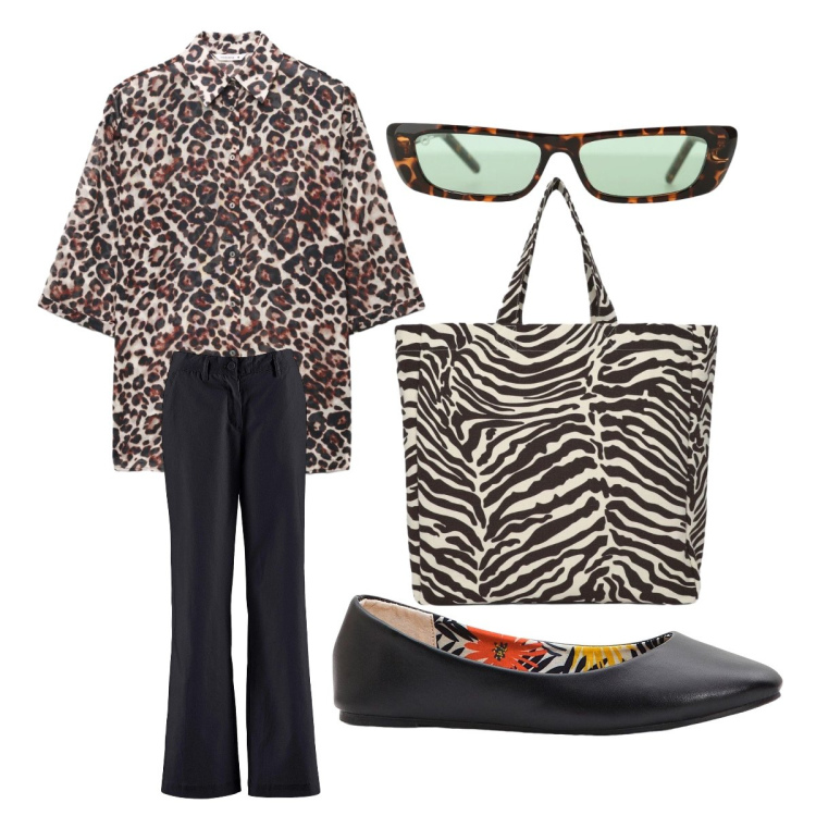 Outfit donna - Fantasia animalier. Stile Etnico per Tutti i giorni. Abbinamento con ballerine, pantaloni, camicie, shopping bag, occhiali da sole.