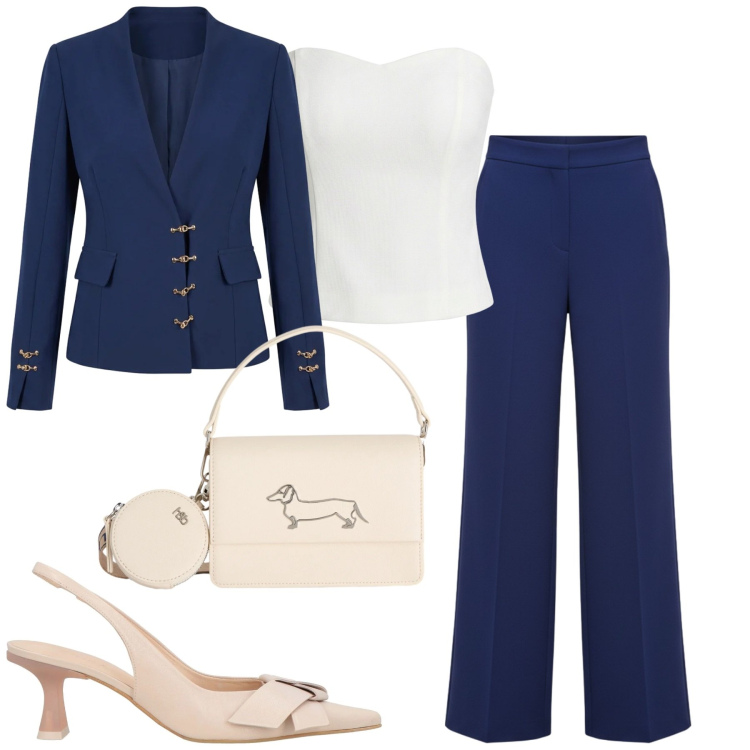 Outfit donna - Blu. Stile Chic per Tutti i giorni. Abbinamento con décolleté, blazer, pantaloni a palazzo, top, borse a tracolla.