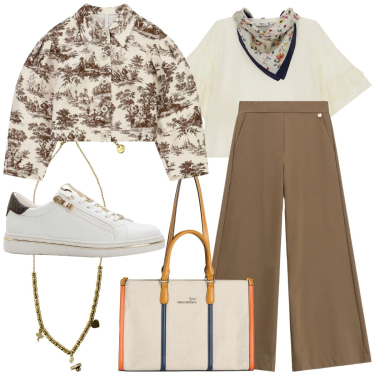 Outfit donna - Sportiva. Stile Sporty chic per Tutti i giorni. Abbinamento con sneakers, pantaloni a palazzo, cappotti, borse tote, top, ciondoli.
