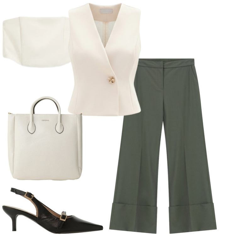 Outfit donna - Total look #2385621. Stile Urban per Tutti i giorni. Abbinamento con sandali col tacco, pantaloni a palazzo, borse a tracolla, top, gilet.