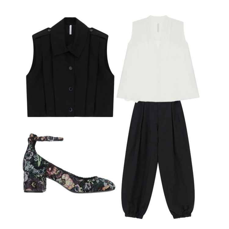 Outfit donna - Essenziale ma perfetto. Stile Casual chic per Cerimonia. Abbinamento con décolleté, gilet, pantaloni, top.
