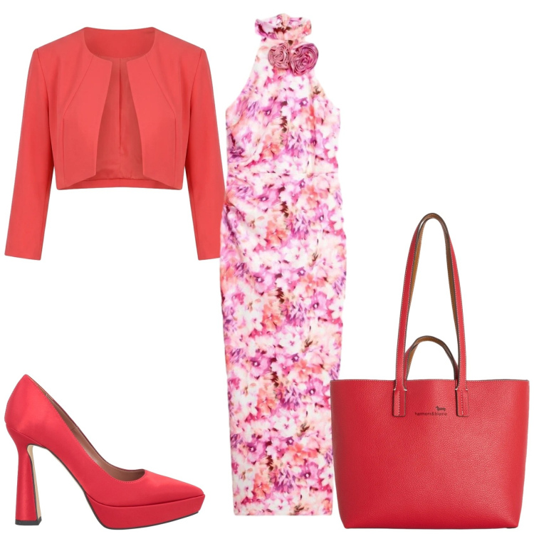 Outfit donna - Un lungo fiorito. Stile Chic per Cerimonia. Abbinamento con décolleté, vestiti lunghi, bolero, shopping bag.