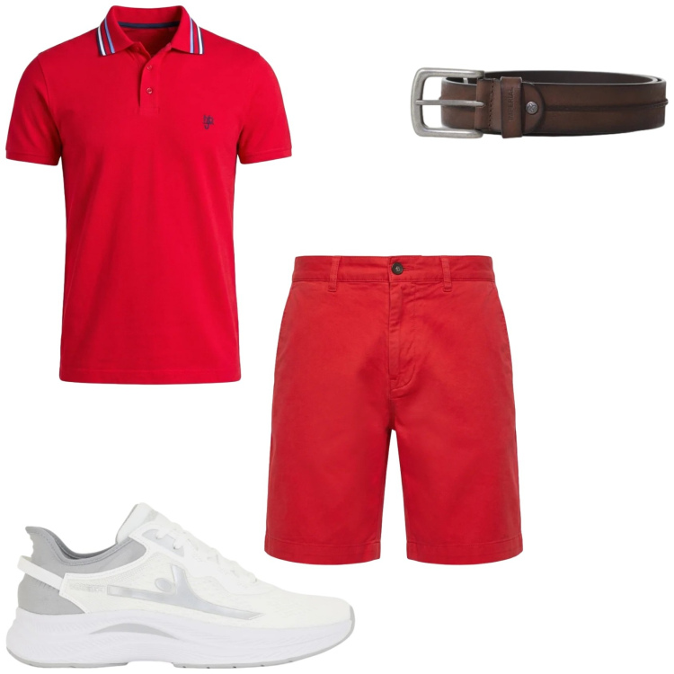 Outfit uomo - Rosso in giornata. Stile Casual per Tutti i giorni. Abbinamento con pantaloni corti, polo, cinture, sneakers.