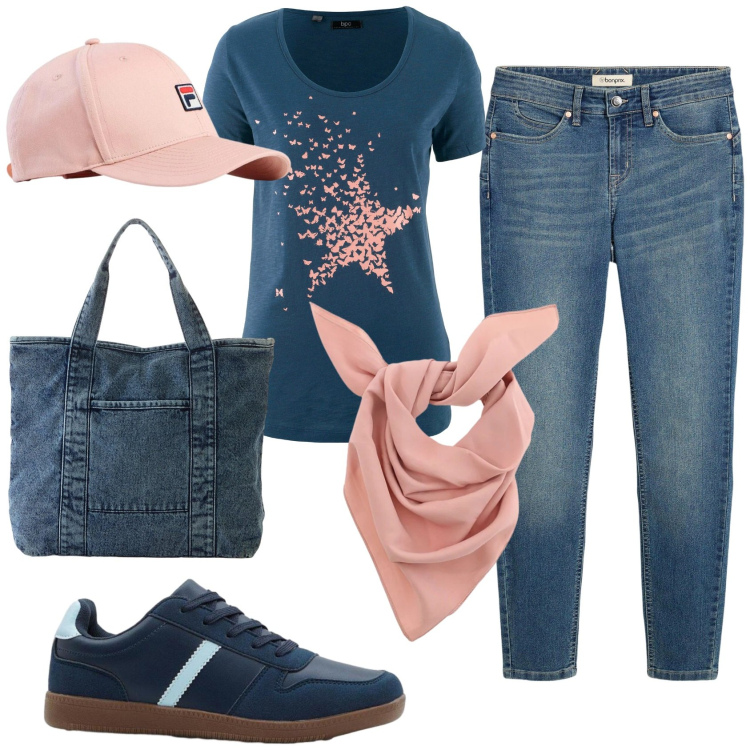 Outfit donna - Total look #2385631. Stile Casual per Tutti i giorni. Abbinamento con t-shirt, jeans skinny, cappelli con visiera, shopping bag, sneakers, foulard.
