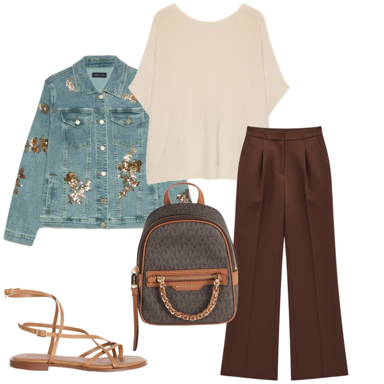 Outfit donna - Total look #2385640. Stile Minimal per Tutti i giorni. Abbinamento con zaini, blazer, t-shirt, sandali in pelle, pantaloni a palazzo.