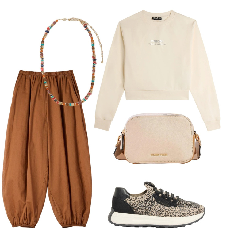 Outfit donna - Total look #2385644. Stile Urban per Tutti i giorni. Abbinamento con sneakers, borse a tracolla, pantaloni, collane, felpe.