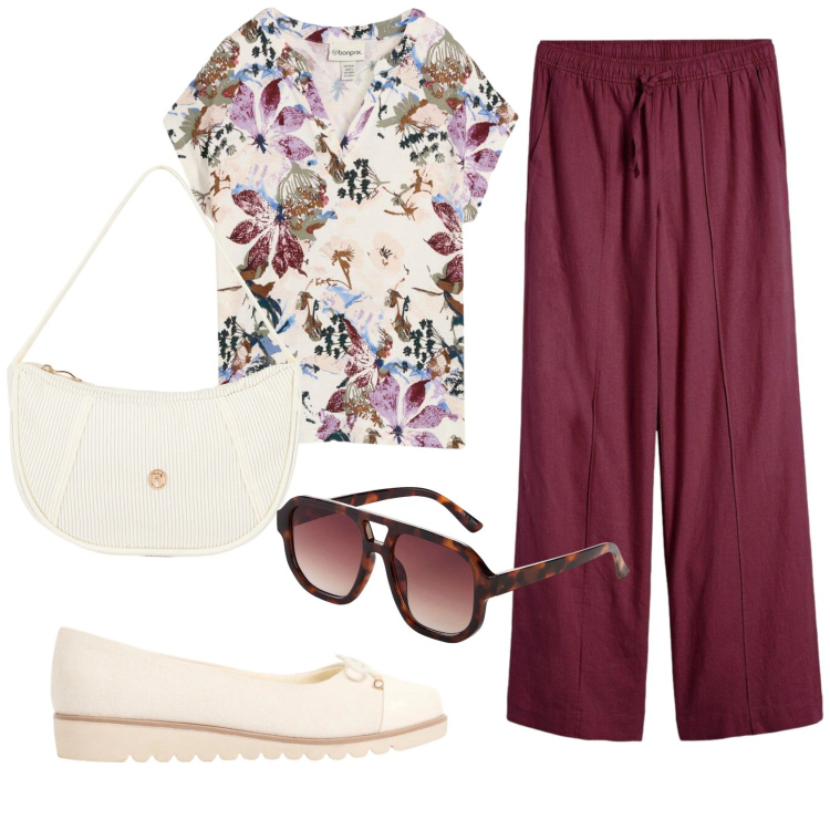 Outfit donna - Total look #2385654. Stile Basic per Ufficio. Abbinamento con ballerine, tuniche, occhiali da sole, pantaloni a palazzo, borse a mano.