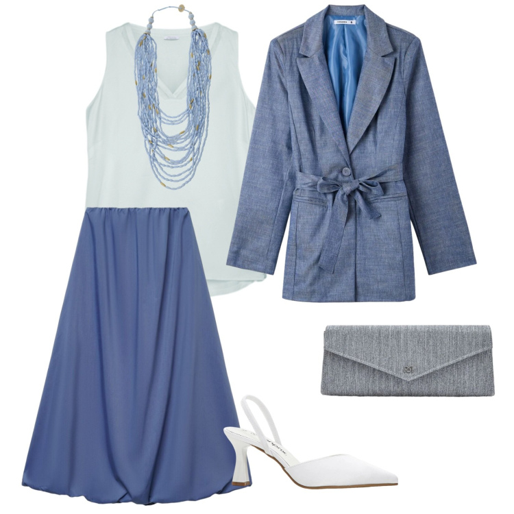 Outfit donna - Un giorno qualunque. per Tutti i giorni. Abbinamento con décolleté, gonne lunghe, blazer, collane, pochette, top.