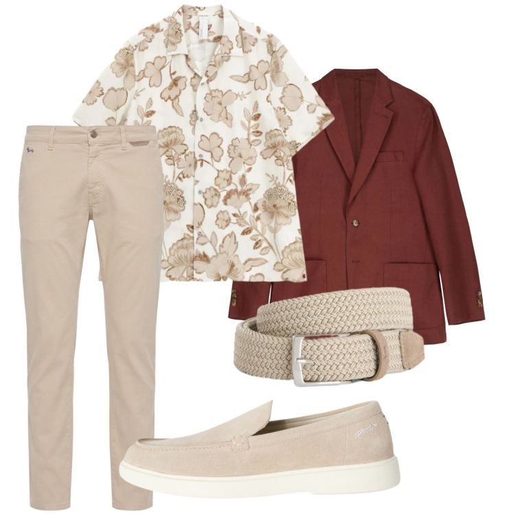 Outfit uomo - Mix Beige e vinaccia. Stile Trendy per Cerimonia. Abbinamento con camicie a manica corta, cinture, scarpe stringate, pantaloni, giacche.