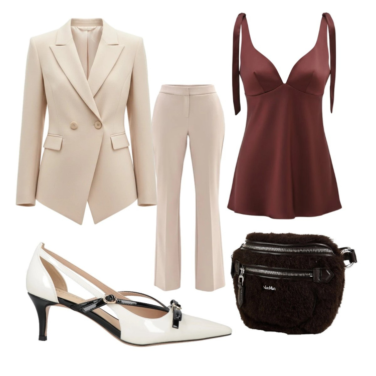 Outfit donna - Rinascimento tailleur. Stile Casual chic per Ufficio. Abbinamento con décolleté, marsupi, top, pantaloni, blazer.