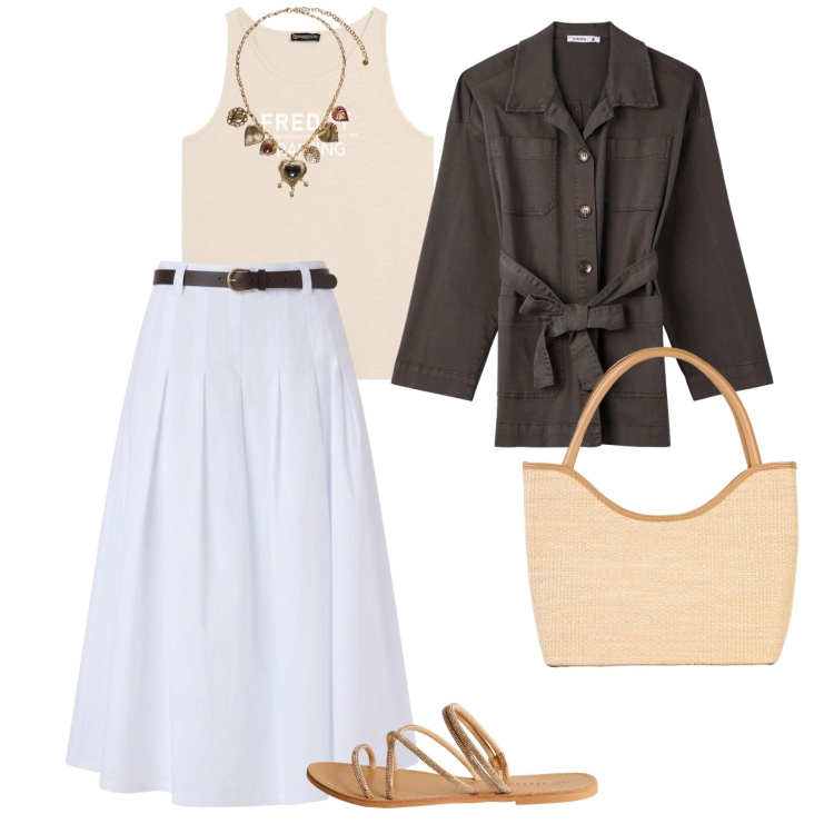 Outfit donna - Lungo mare. per Mare. Abbinamento con shopping bag, gonne longuette, sandali, cappotti, collane, canottiere.
