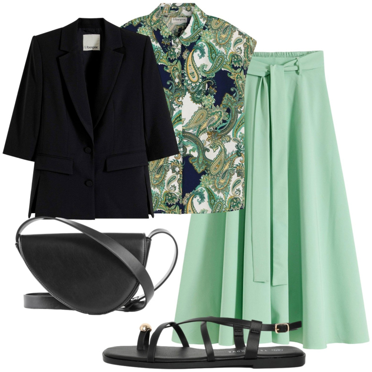 Outfit donna - Gonnellone. Stile Casual chic per Ufficio. Abbinamento con gonne lunghe, blazer, camicie, borse a tracolla, sandali.