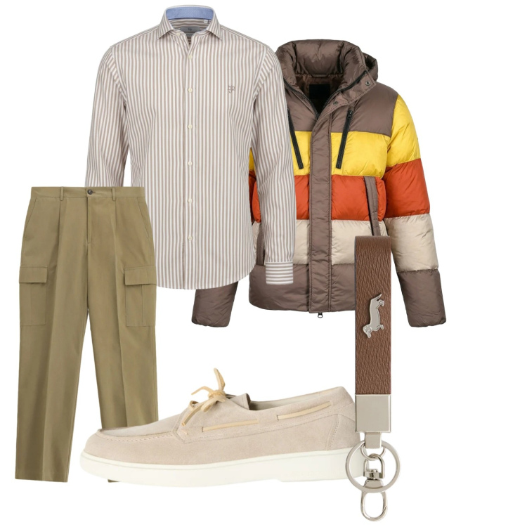 Outfit uomo - Mix Beige e vinaccia. Stile Business/Elegante per Cerimonia. Abbinamento con pantaloni cargo, portachiavi, scarpe stringate, camicie, piumini.