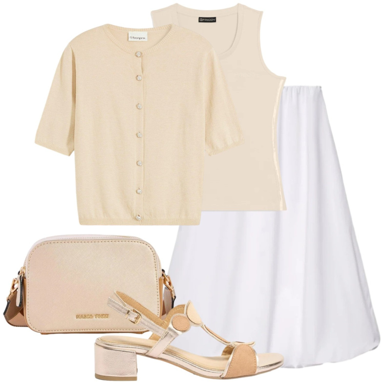 Outfit donna - Domenica: pranzo all\' aperto. Stile Bon Ton per Tutti i giorni. Abbinamento con cardigans, borse a tracolla, sandali col tacco, gonne lunghe, canottiere.