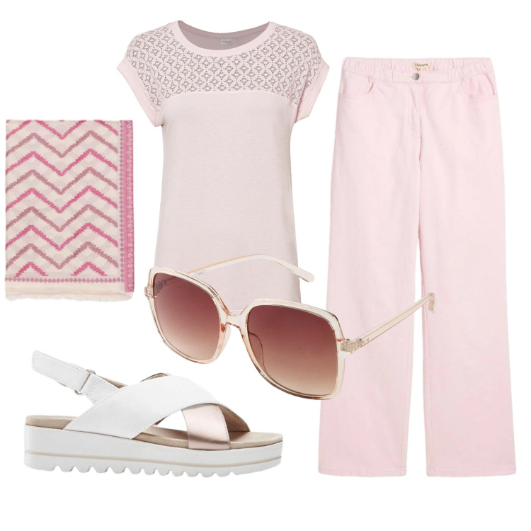 Outfit donna - Total look #2385666. Stile Basic per Tutti i giorni. Abbinamento con pantaloni a palazzo, maglieria, occhiali da sole, sandali, foulard.