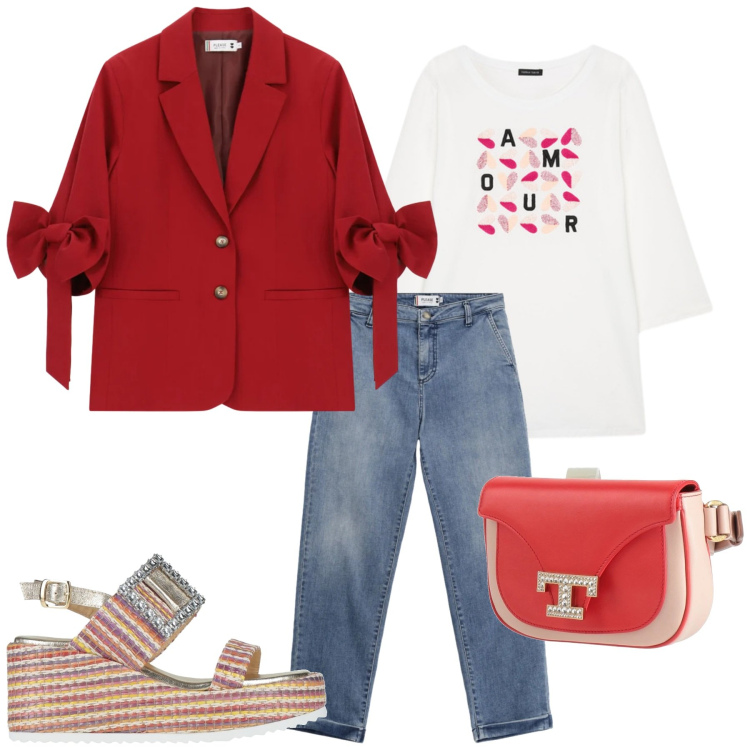 Outfit donna - Total look #2385668. Stile Casual chic per Tutti i giorni. Abbinamento con marsupi, sandali in pelle, t-shirt, blazer, jeans.