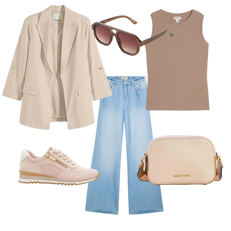 Outfit donna - Semplice e versatile. Stile Basic per Tutti i giorni. Abbinamento con jeans, blazer, sneakers, borse a tracolla, canottiere, occhiali da sole.