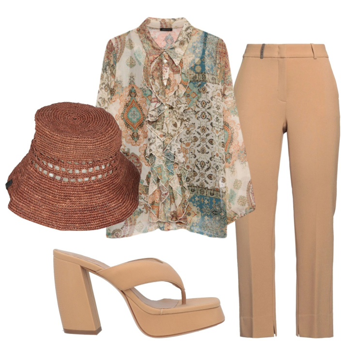 Outfit donna - Total look #2385677. Stile Trendy per Serata fuori. Abbinamento con ciabatte, cappelli con visiera, pantaloni, camicie.