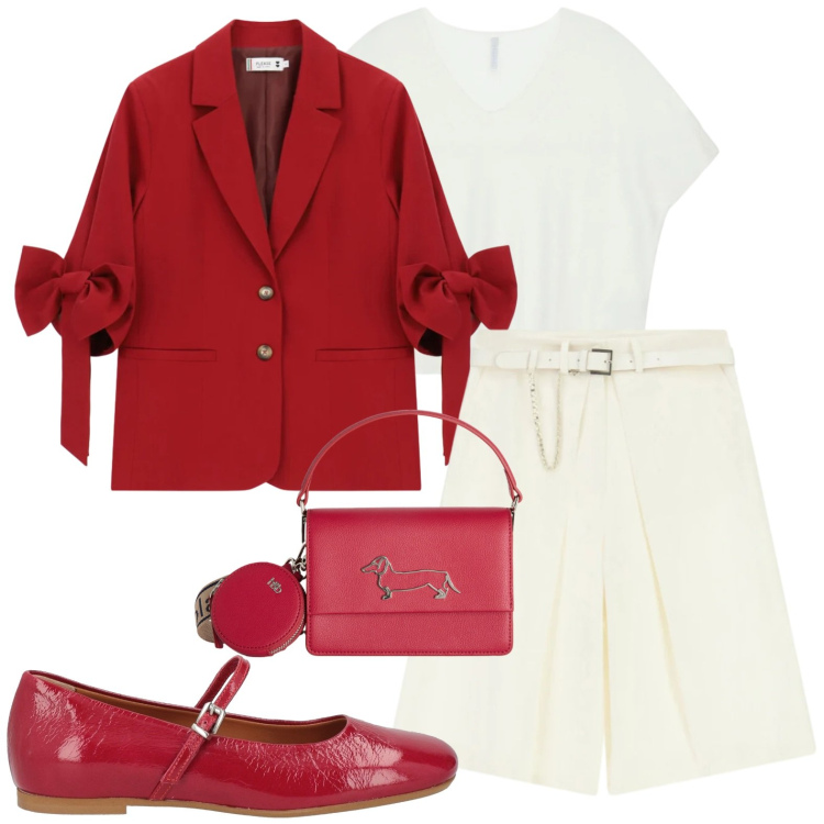 Outfit donna - Bermuda al ginocchio. Stile Glamour per Serata fuori. Abbinamento con ballerine, bermuda, top, blazer, borse a tracolla.