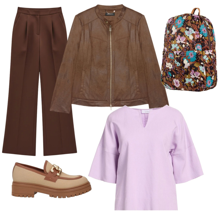 Outfit donna - Pronta per viaggetto del week end. Stile Basic per Tutti i giorni. Abbinamento con valigie, top, mocassini, blazer, pantaloni a palazzo.